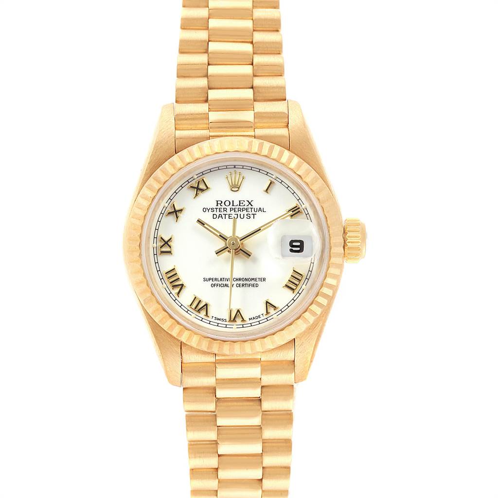 This image shows a front view of a Rolex President 69178 Women
s Yellow Gold White Dial 69178 Women
s Yellow Gold White Dial model watch, displaying the face, bezel, and a portion of the band.