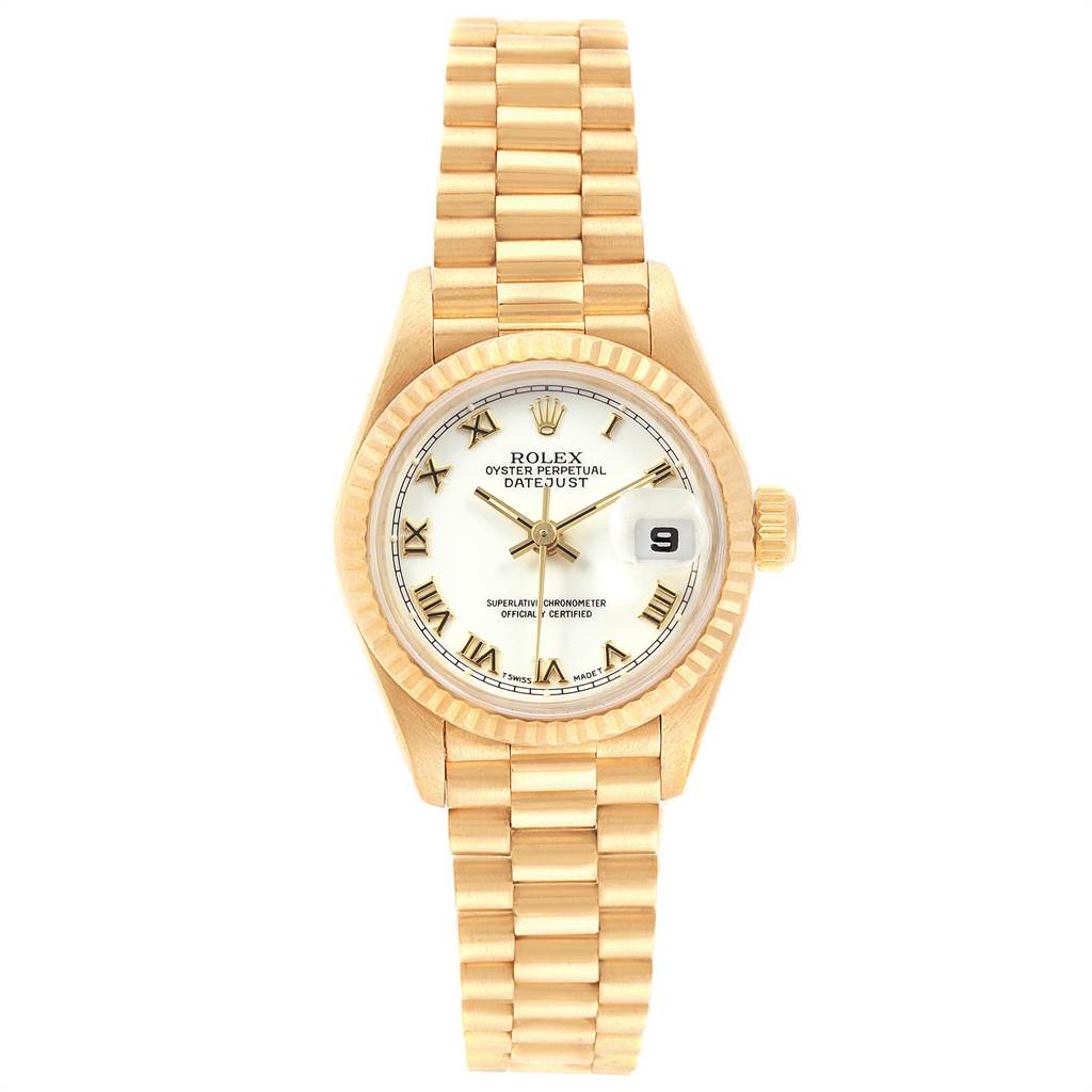 This image shows a front view of a Rolex President 69178 Women
s Yellow Gold White Dial 69178 Women
s Yellow Gold White Dial model watch, highlighting its dial, bezel, crown, and bracelet.