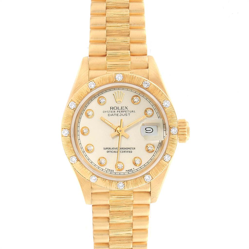 This image shows a front view of the Rolex President 69288 Women's Yellow Gold Beige Dial 69288 Women's Yellow Gold Beige Dial model watch, displaying its gold bezel, bracelet, and dial with diamond hour markers.