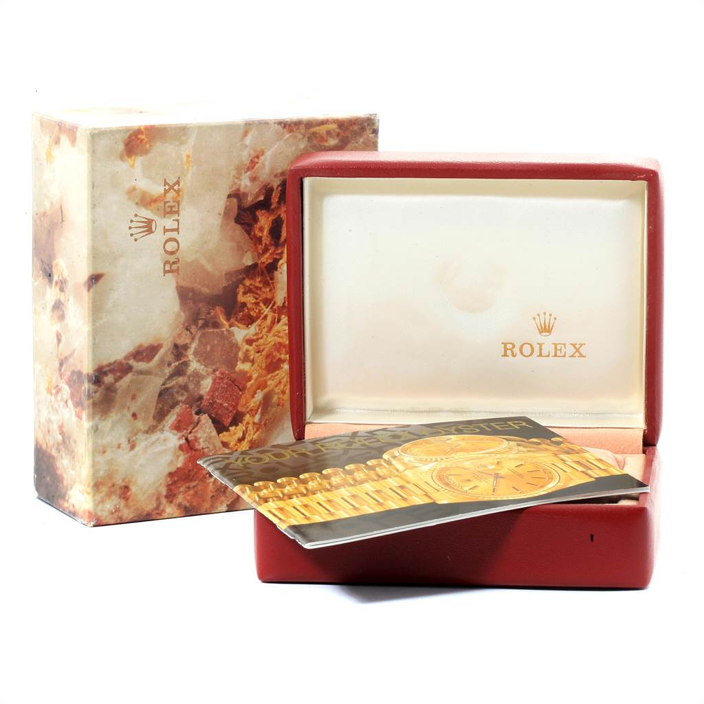 The image shows the packaging and booklet of a Rolex President 69288 Women's Yellow Gold Beige Dial 69288 Women's Yellow Gold Beige Dial model watch, featuring a watch box and outer sleeve.