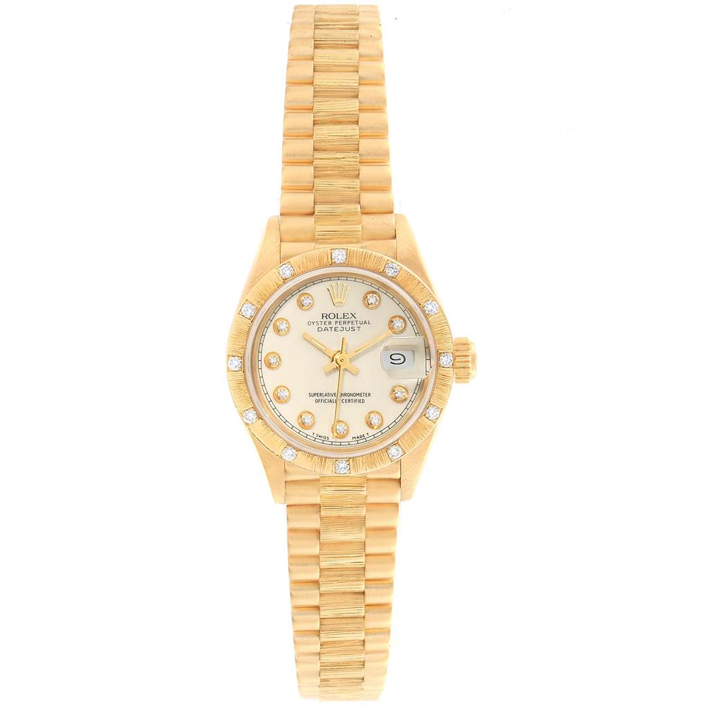 The image shows a Rolex President 69288 Women's Yellow Gold Beige Dial 69288 Women's Yellow Gold Beige Dial model watch from a top-down angle, featuring its dial, bezel, and bracelet.