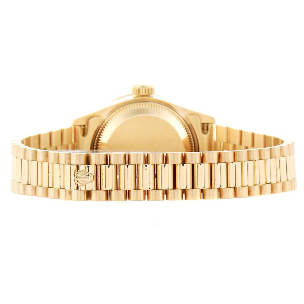 This image shows the back and bracelet of a Rolex President 69088 Women's Yellow Gold Mother of Pearl Dial 69088 Women's Yellow Gold Mother of Pearl Dial model watch from a rear angle.