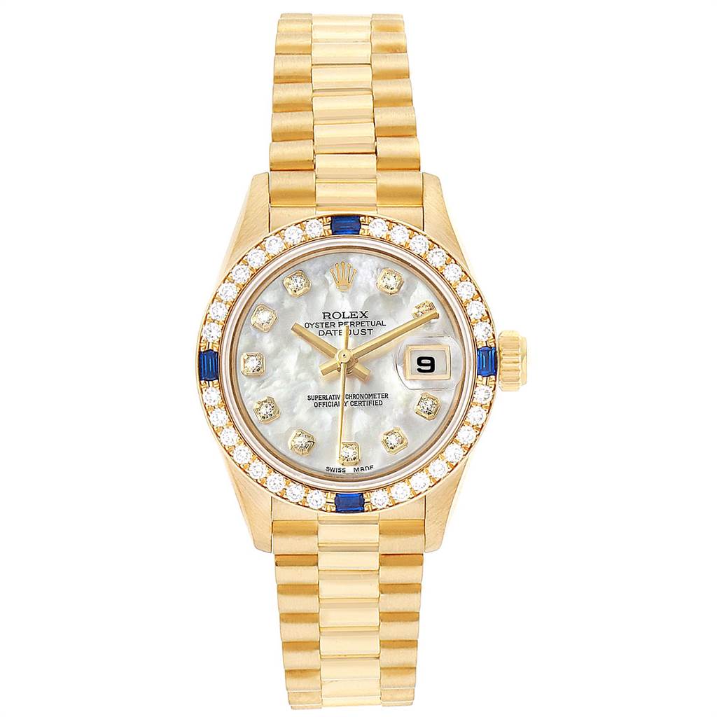This image shows the front view of a Rolex President 69088 Women's Yellow Gold Mother of Pearl Dial 69088 Women's Yellow Gold Mother of Pearl Dial model watch, featuring a gold bracelet and diamond-accented bezel.