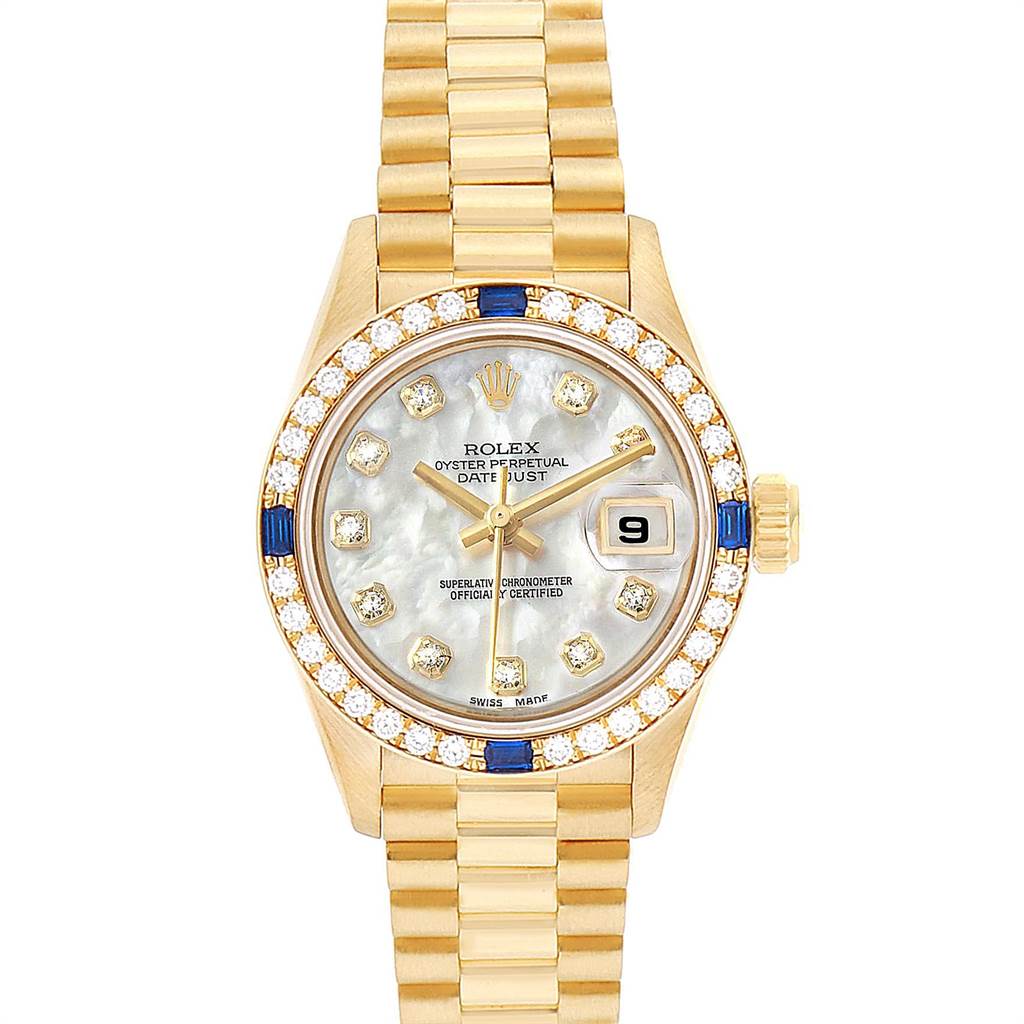 The image shows a frontal view of a Rolex President 69088 Women's Yellow Gold Mother of Pearl Dial 69088 Women's Yellow Gold Mother of Pearl Dial model watch, including the face, bezel, and bracelet.