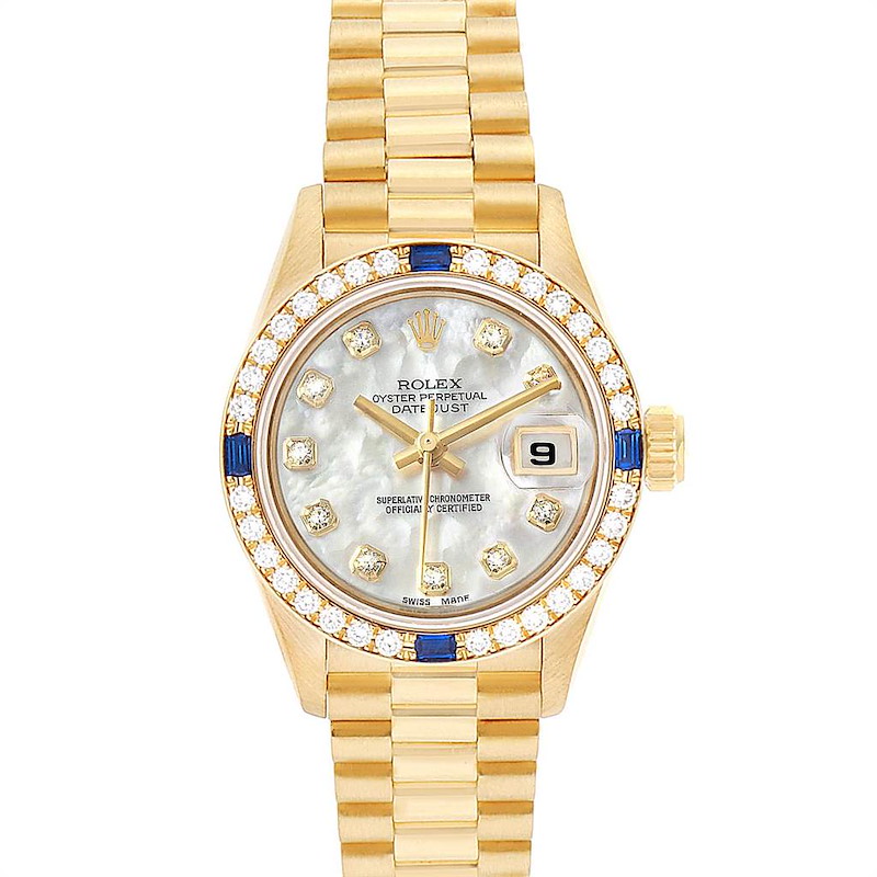 Rolex President Datejust Yellow Gold Diamond Sapphire Ladies Watch 69088 SwissWatchExpo