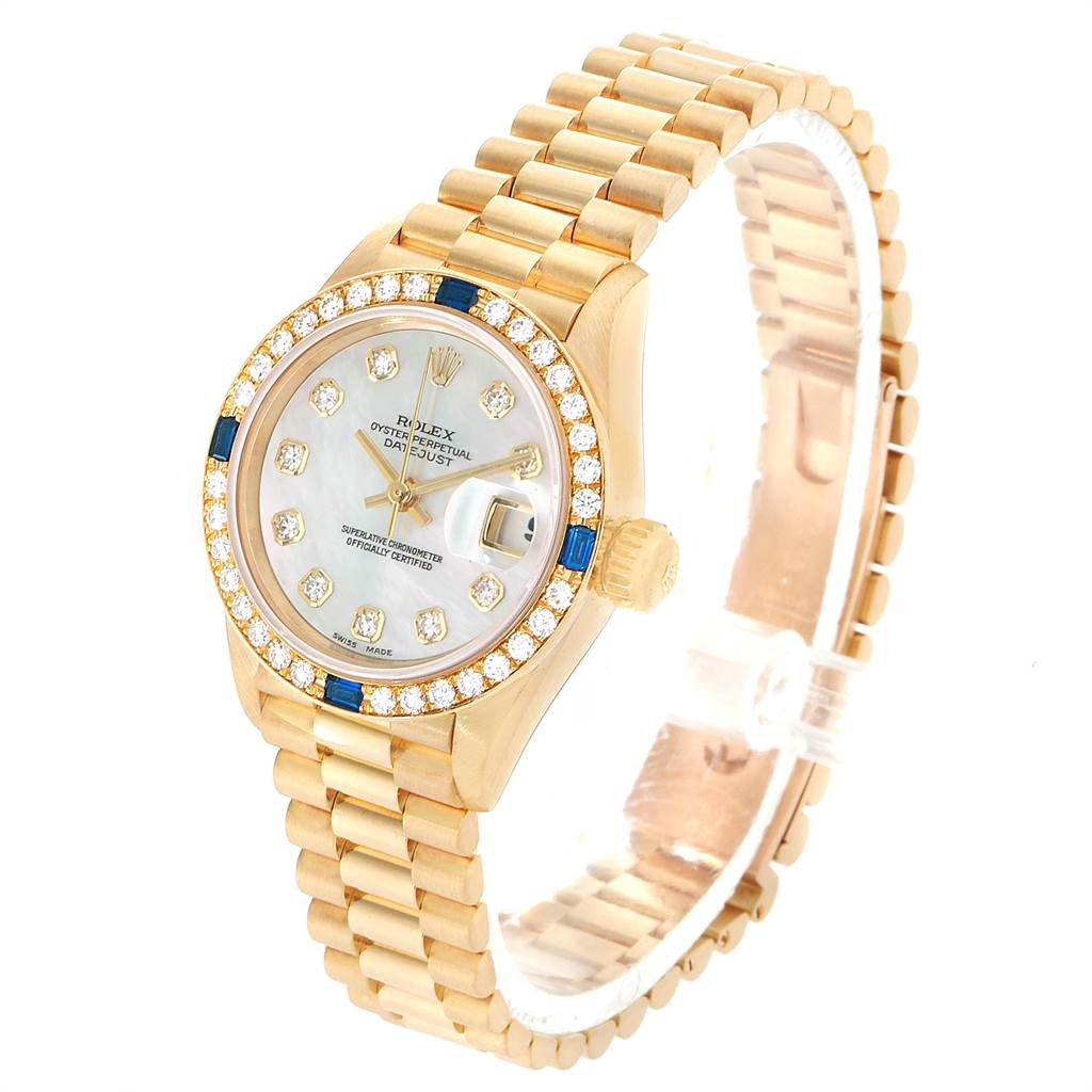 The image shows a Rolex President 69088 Women's Yellow Gold Mother of Pearl Dial 69088 Women's Yellow Gold Mother of Pearl Dial model watch with a gold bracelet, diamond-encrusted bezel, and mother-of-pearl dial.