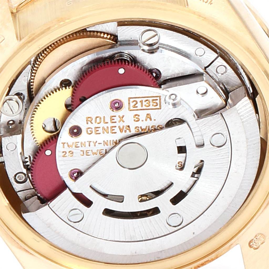 This image shows the internal movement mechanism of a Rolex President 69088 Women's Yellow Gold Mother of Pearl Dial 69088 Women's Yellow Gold Mother of Pearl Dial model watch from a close-up angle.