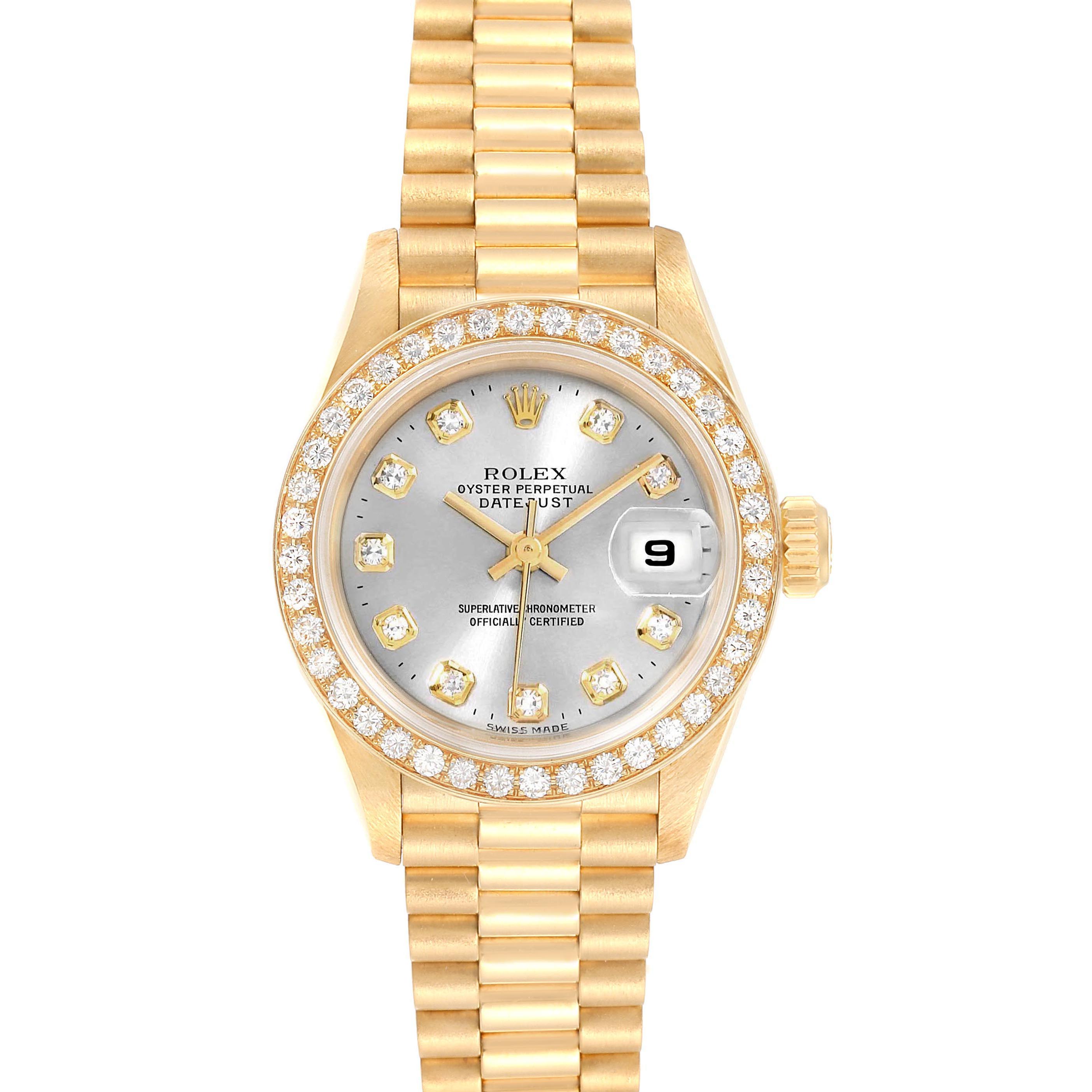 The Rolex President 69138 Women's Yellow Gold Silver Dial 69138 Women's Yellow Gold Silver Dial watch is shown from a front angle, highlighting its gold bracelet, diamond-encrusted bezel, and date display.