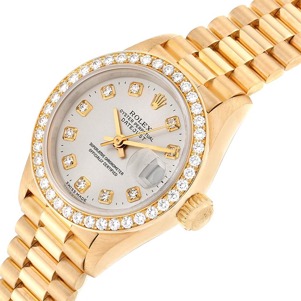 This is a Rolex President 69138 Women's Yellow Gold Silver Dial 69138 Women's Yellow Gold Silver Dial watch, showing the bezel, dial, crown, and bracelet, captured at a slight angle.