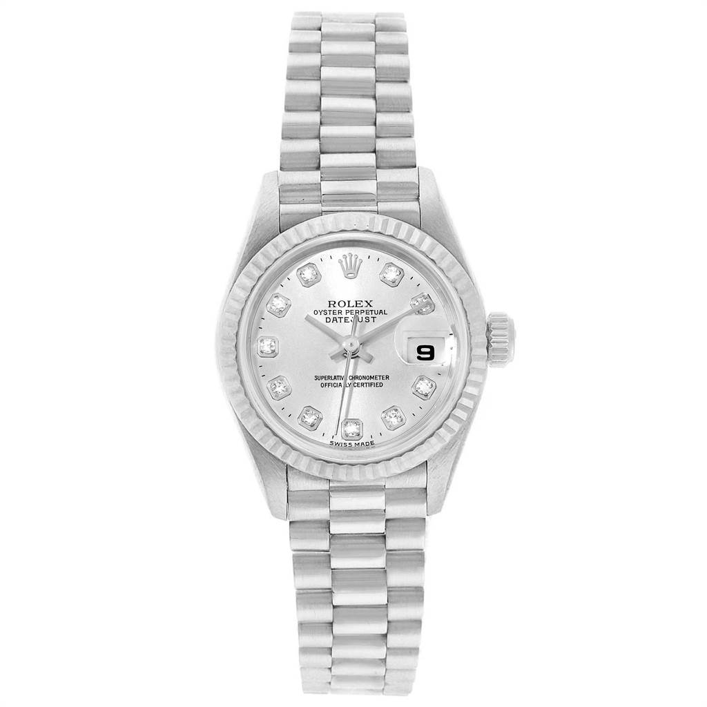 The Rolex President 69179 Women's White Gold Silver Dial 69179 Women's White Gold Silver Dial watch is shown from a top-down angle, displaying the face, bezel, and bracelet.