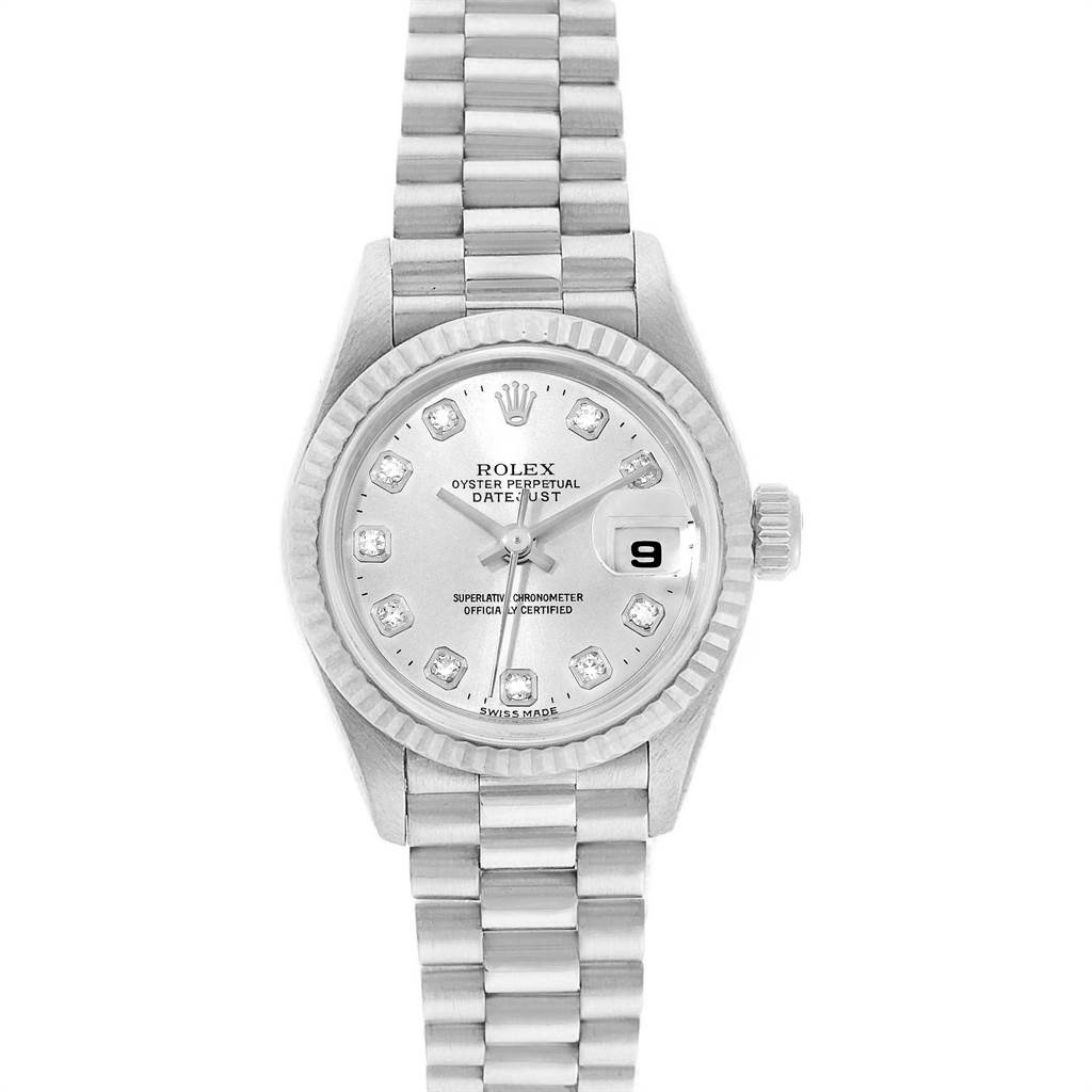 The image shows a Rolex President 69179 Women's White Gold Silver Dial 69179 Women's White Gold Silver Dial model watch from a top-down angle, highlighting the dial, bezel, crown, and part of the bracelet.