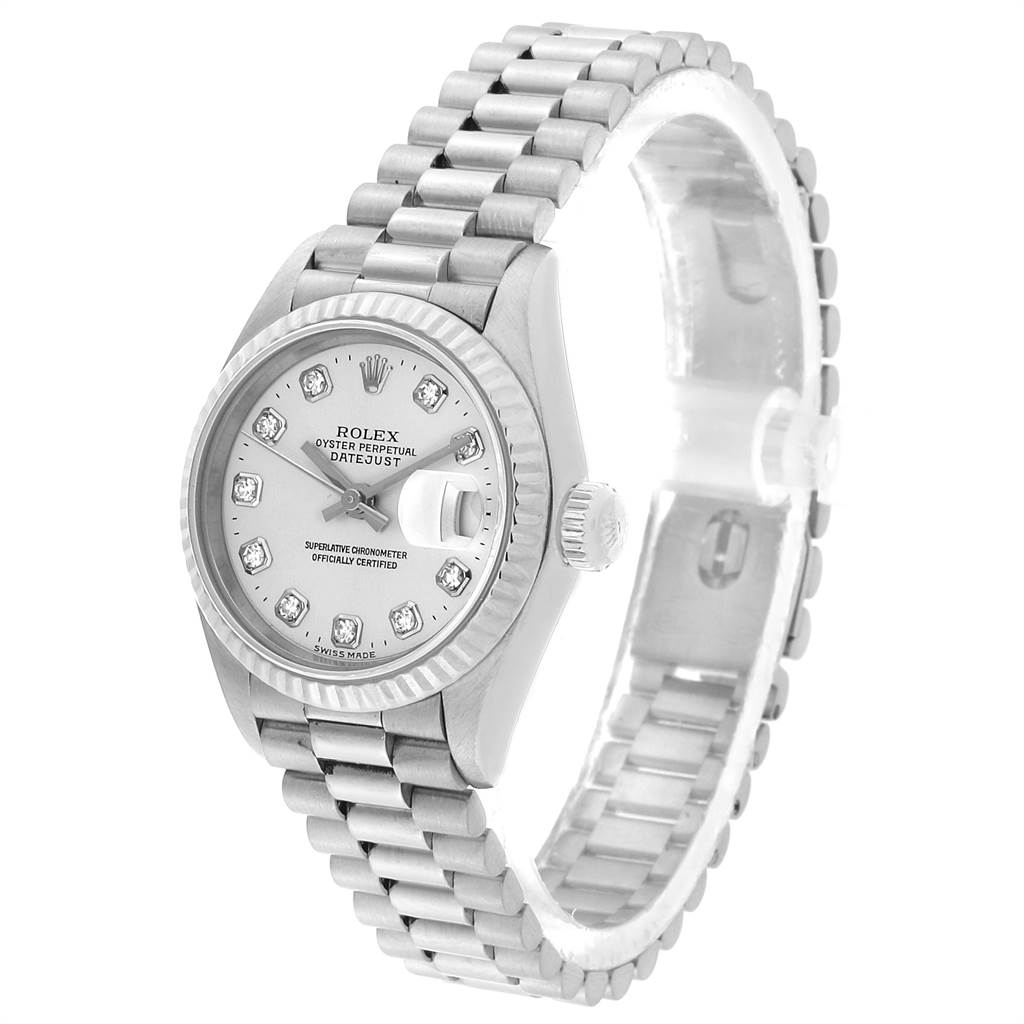 The image shows a Rolex President 69179 Women's White Gold Silver Dial 69179 Women's White Gold Silver Dial model watch at a slightly tilted angle, featuring its face, bezel, crown, and bracelet.