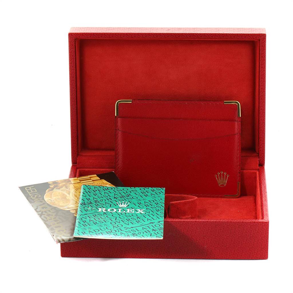 The image shows a red box with booklets and a cardholder for the Rolex President 69179 Women's White Gold Silver Dial 69179 Women's White Gold Silver Dial watch.