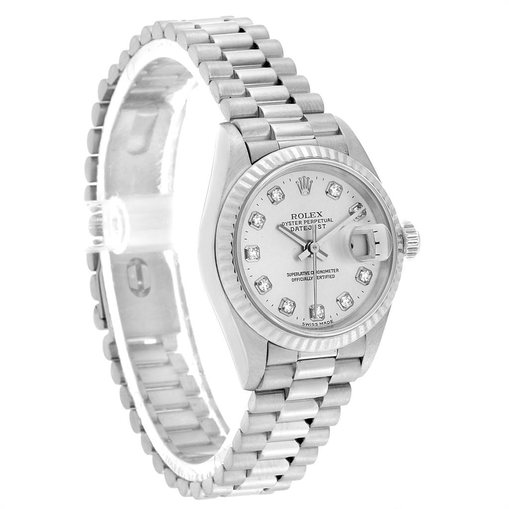 The image shows a Rolex President 69179 Women's White Gold Silver Dial 69179 Women's White Gold Silver Dial model watch from a 3/4 angle, featuring its face, bezel, and bracelet.
