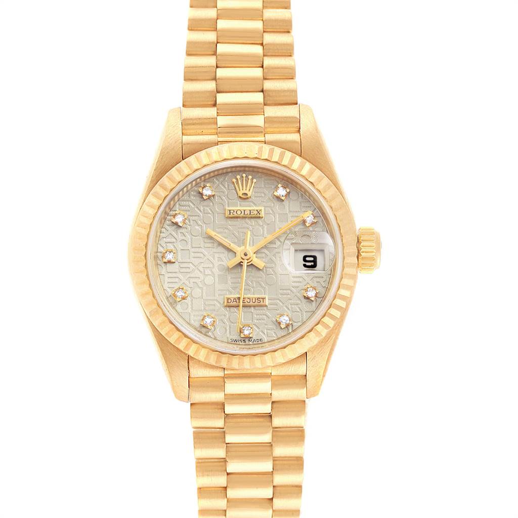 The image shows a Rolex President 69178 Women's Yellow Gold Silver Dial 69178 Women's Yellow Gold Silver Dial model watch, viewed from the front, displaying the face, bezel, and bracelet.