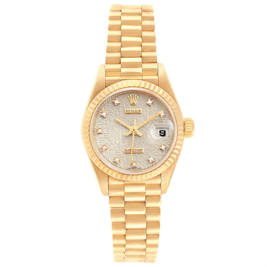 The image shows a front view of a Rolex President 69178 Women's Yellow Gold Silver Dial 69178 Women's Yellow Gold Silver Dial model watch, displaying its dial, bezel, case, and bracelet.