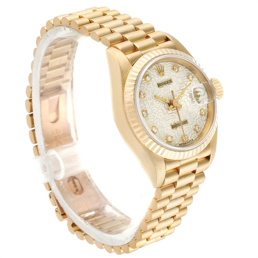 The Rolex President 69178 Women's Yellow Gold Silver Dial 69178 Women's Yellow Gold Silver Dial model watch is shown at a slight side angle, highlighting the bracelet, case, dial, and crown.