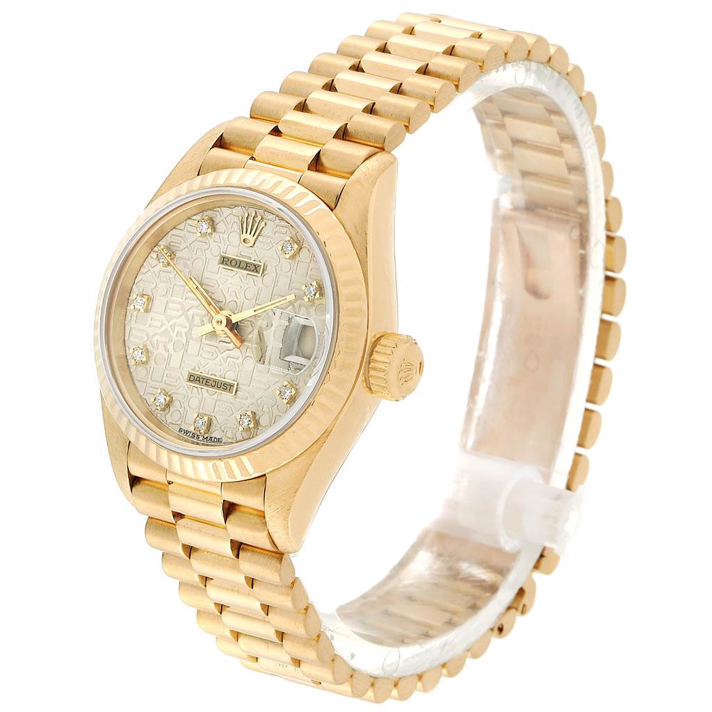 The image shows a Rolex President 69178 Women's Yellow Gold Silver Dial 69178 Women's Yellow Gold Silver Dial model watch at a slight angle, highlighting the dial, bezel, crown, and bracelet.