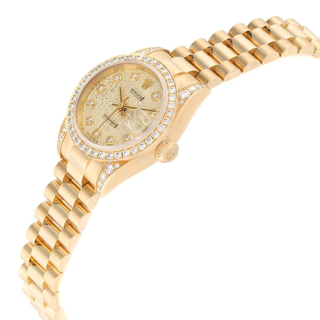 The image shows a side angle of a Rolex President 179298 Women
s Yellow Gold Champagne Dial 179298 Women
s Yellow Gold Champagne Dial watch, displaying the face, bezel, crown, and bracelet.