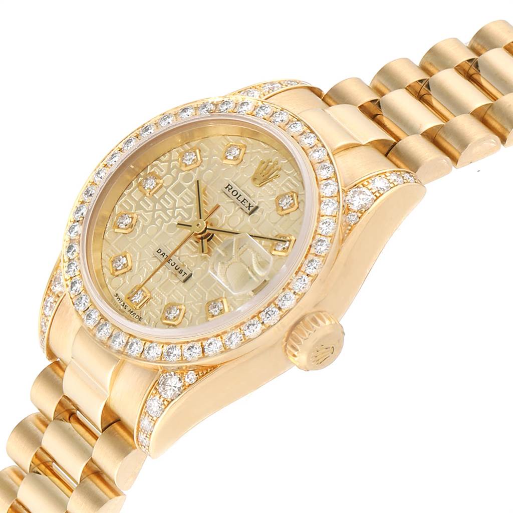 The image shows a side angle of a Rolex President 179298 Women
s Yellow Gold Champagne Dial 179298 Women
s Yellow Gold Champagne Dial watch, highlighting its gold bracelet, diamond bezel, and intricate dial.