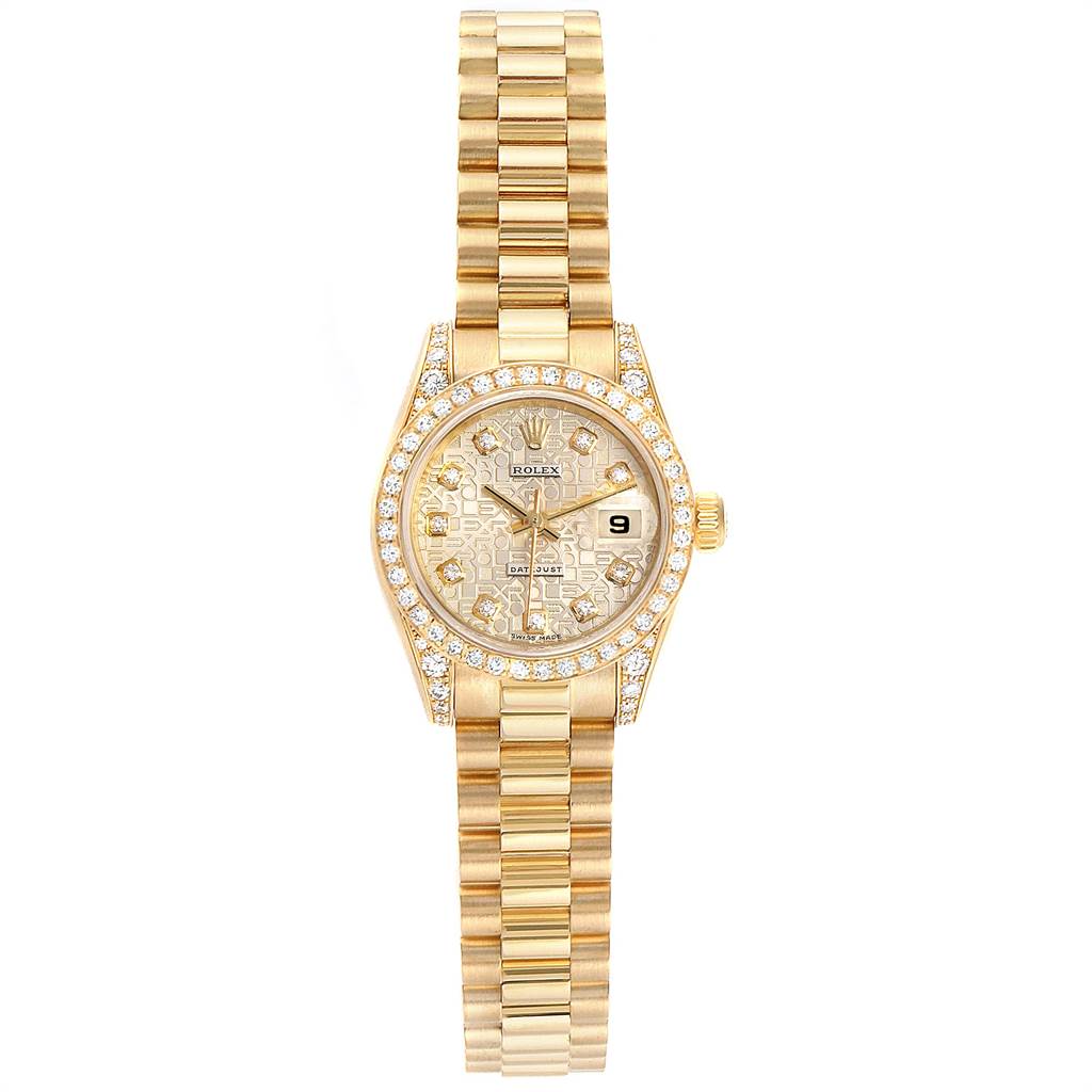 The image shows a gold Rolex President 179298 Women
s Yellow Gold Champagne Dial 179298 Women
s Yellow Gold Champagne Dial model watch from a top-down angle, featuring a detailed dial, date window, and diamond-encrusted bezel.