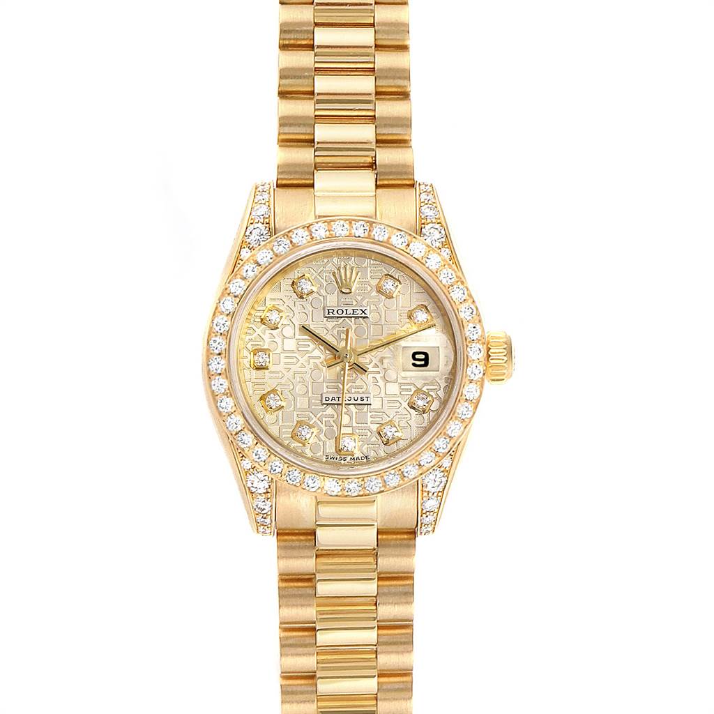 This image shows a front view of a Rolex President 179298 Women
s Yellow Gold Champagne Dial 179298 Women
s Yellow Gold Champagne Dial model watch, highlighting the dial, bezel, and bracelet.