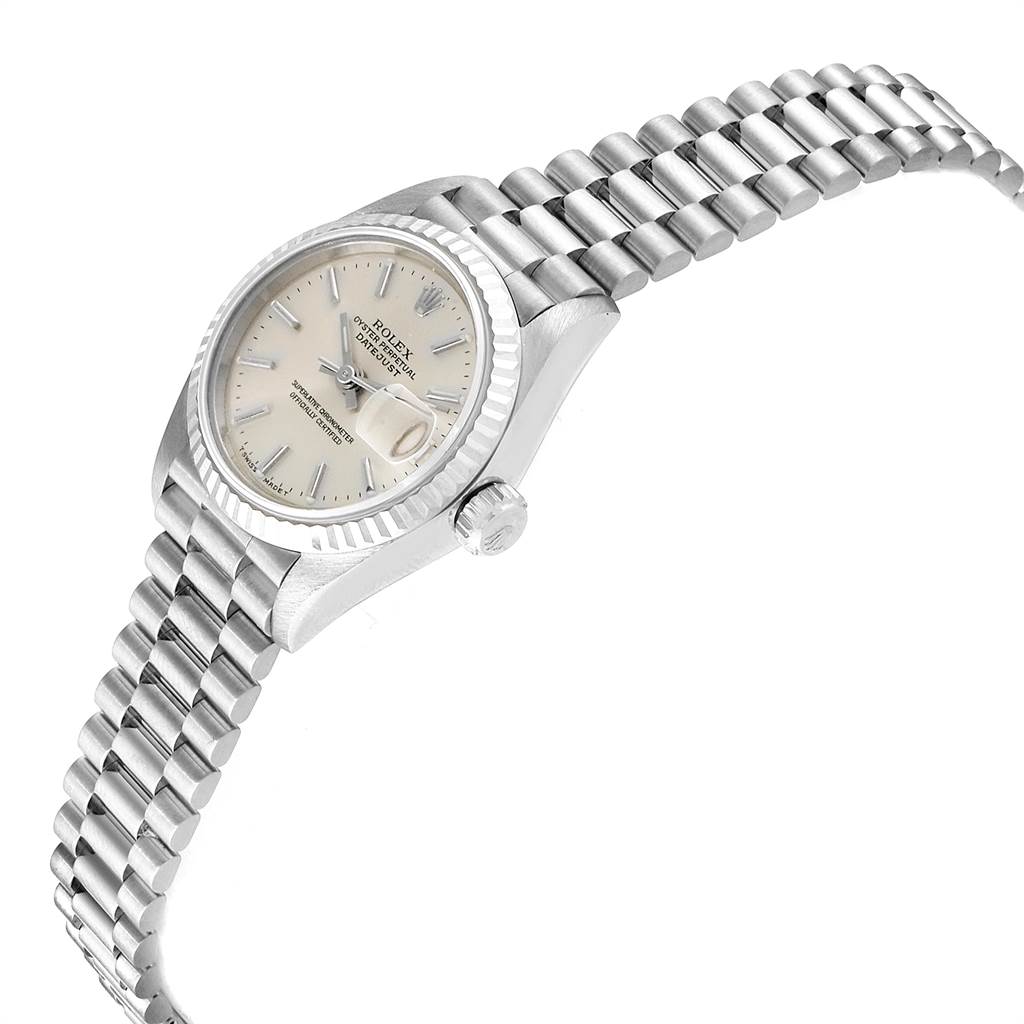 This image shows a Rolex President 69179 Women's White Gold Silver Dial 69179 Women's White Gold Silver Dial model watch at an oblique angle, highlighting the dial, bezel, and bracelet.