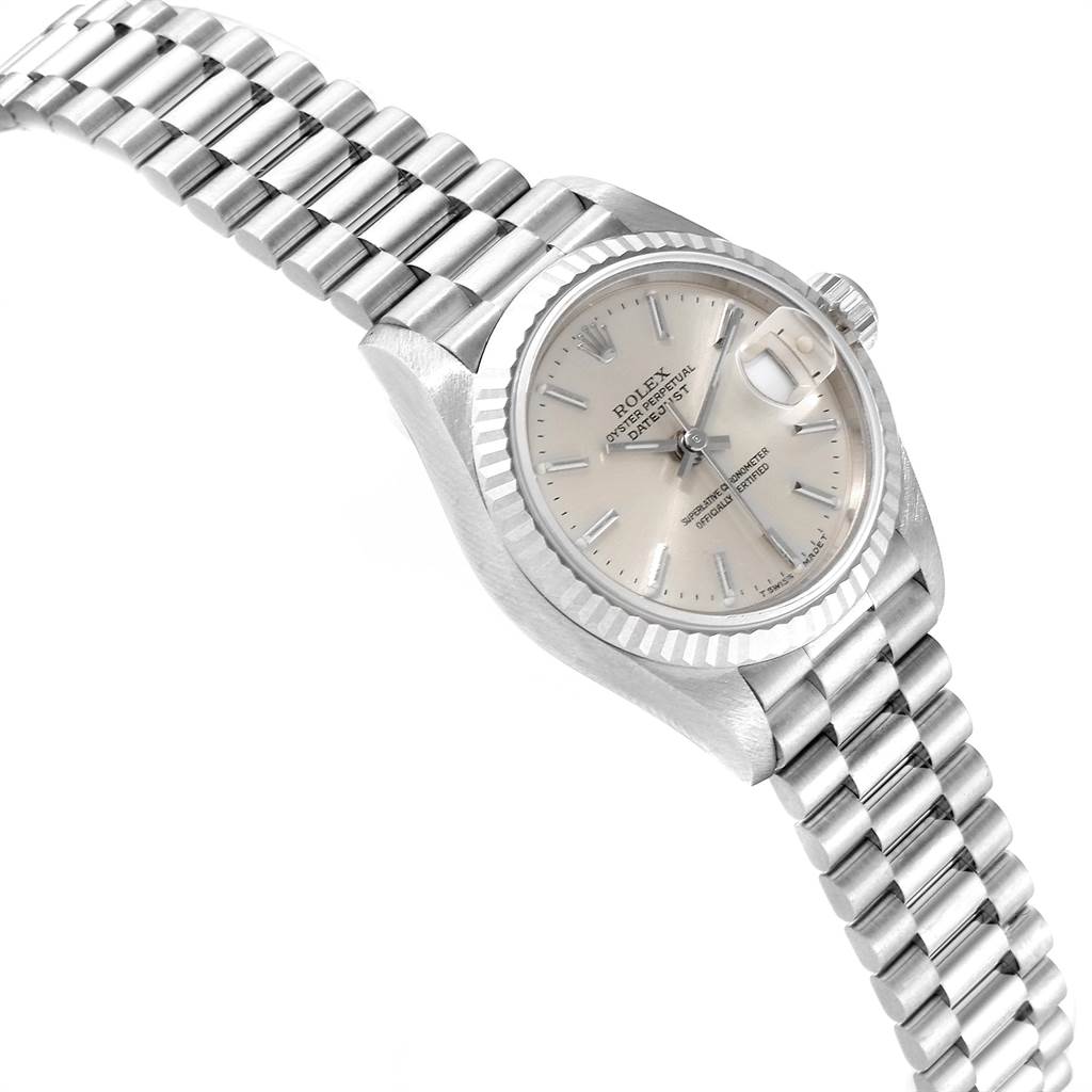 This Rolex President 69179 Women's White Gold Silver Dial 69179 Women's White Gold Silver Dial model watch is shown at an angle displaying its dial, bezel, crown, and bracelet.