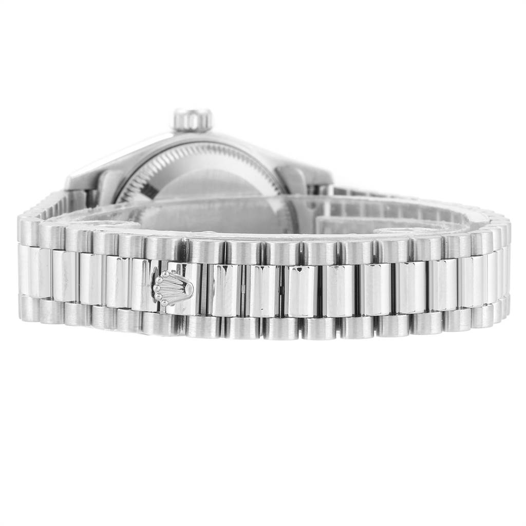 This image shows the side view of a Rolex President 69179 Women's White Gold Silver Dial 69179 Women's White Gold Silver Dial model watch, highlighting its bracelet and crown.