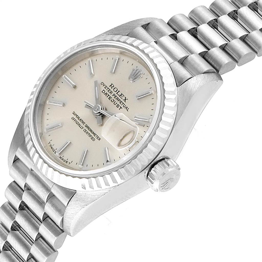 The image shows a side angle of the Rolex President 69179 Women's White Gold Silver Dial 69179 Women's White Gold Silver Dial model watch, highlighting its bezel, crown, and part of the bracelet.