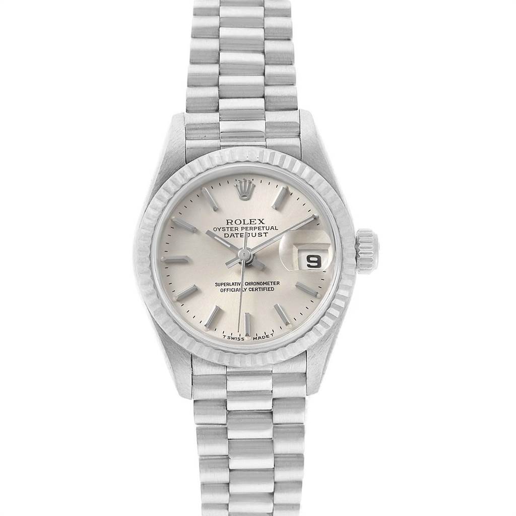 The image shows a full frontal view of the Rolex President 69179 Women's White Gold Silver Dial 69179 Women's White Gold Silver Dial model, including the dial, bezel, and bracelet.