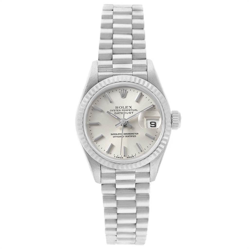 This image shows a frontal view of the Rolex President 69179 Women's White Gold Silver Dial 69179 Women's White Gold Silver Dial model watch, highlighting the face, bezel, and bracelet.