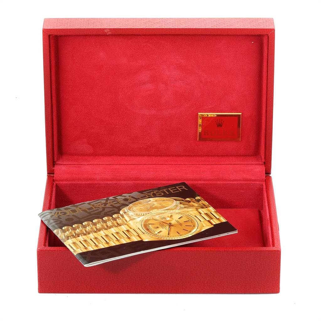 The image shows an empty box with a booklet for a Rolex President 69178 Women
s Yellow Gold Champagne Dial 69178 Women
s Yellow Gold Champagne Dial model watch.