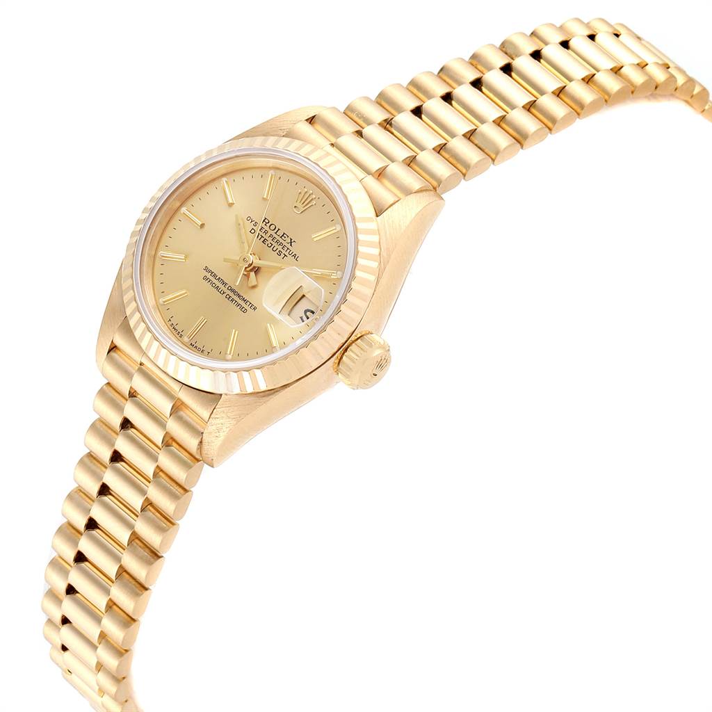 The image shows a side angle of the Rolex President 69178 Women
s Yellow Gold Champagne Dial 69178 Women
s Yellow Gold Champagne Dial model watch, displaying the dial, crown, and part of the bracelet.
