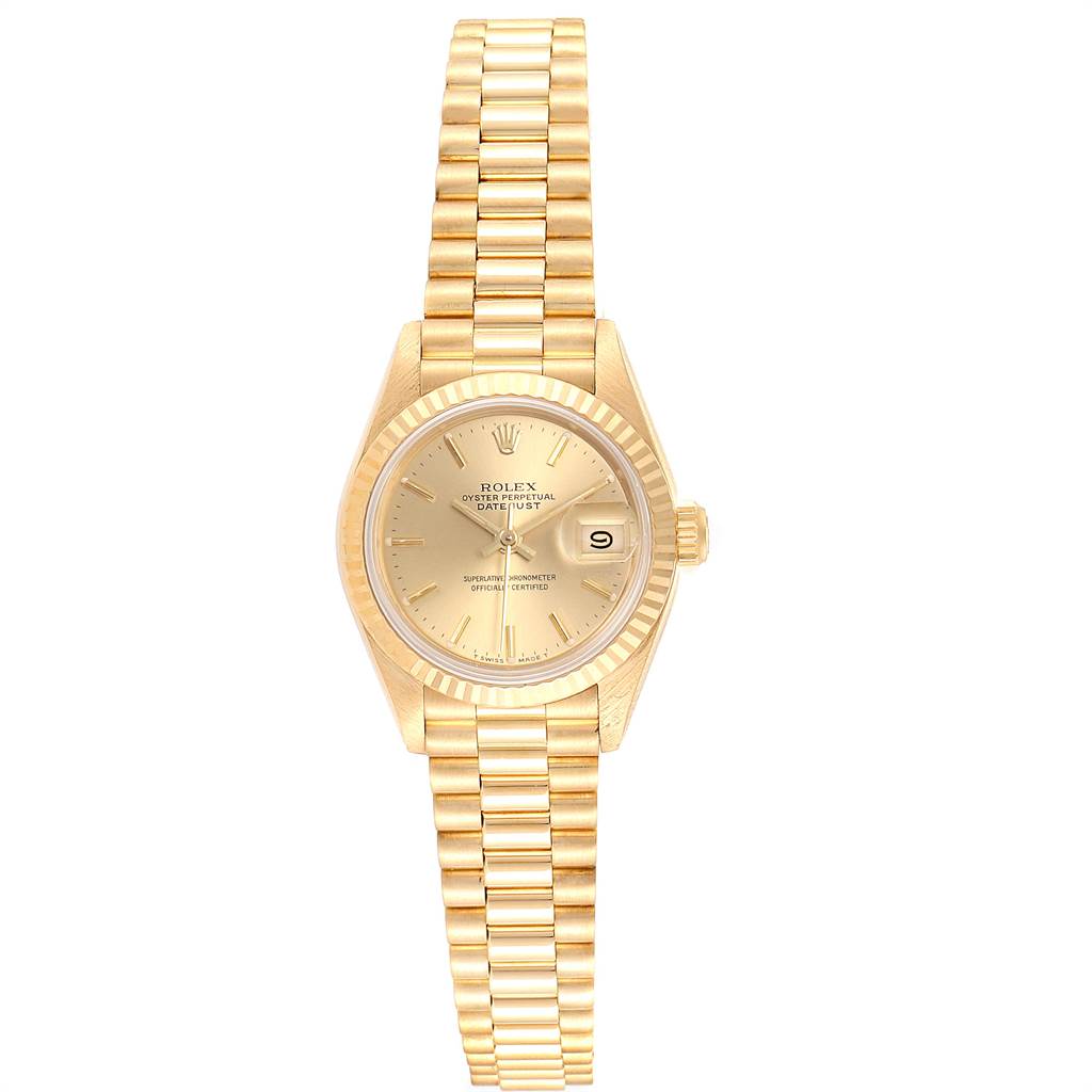 The image shows a front view of a Rolex President 69178 Women
s Yellow Gold Champagne Dial 69178 Women
s Yellow Gold Champagne Dial model watch, displaying its gold band, face, case, and crown.