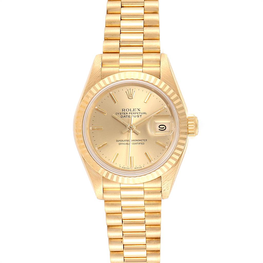 The image shows a Rolex President 69178 Women
s Yellow Gold Champagne Dial 69178 Women
s Yellow Gold Champagne Dial model watch from a front angle, highlighting its gold bracelet, case, dial, and date window.
