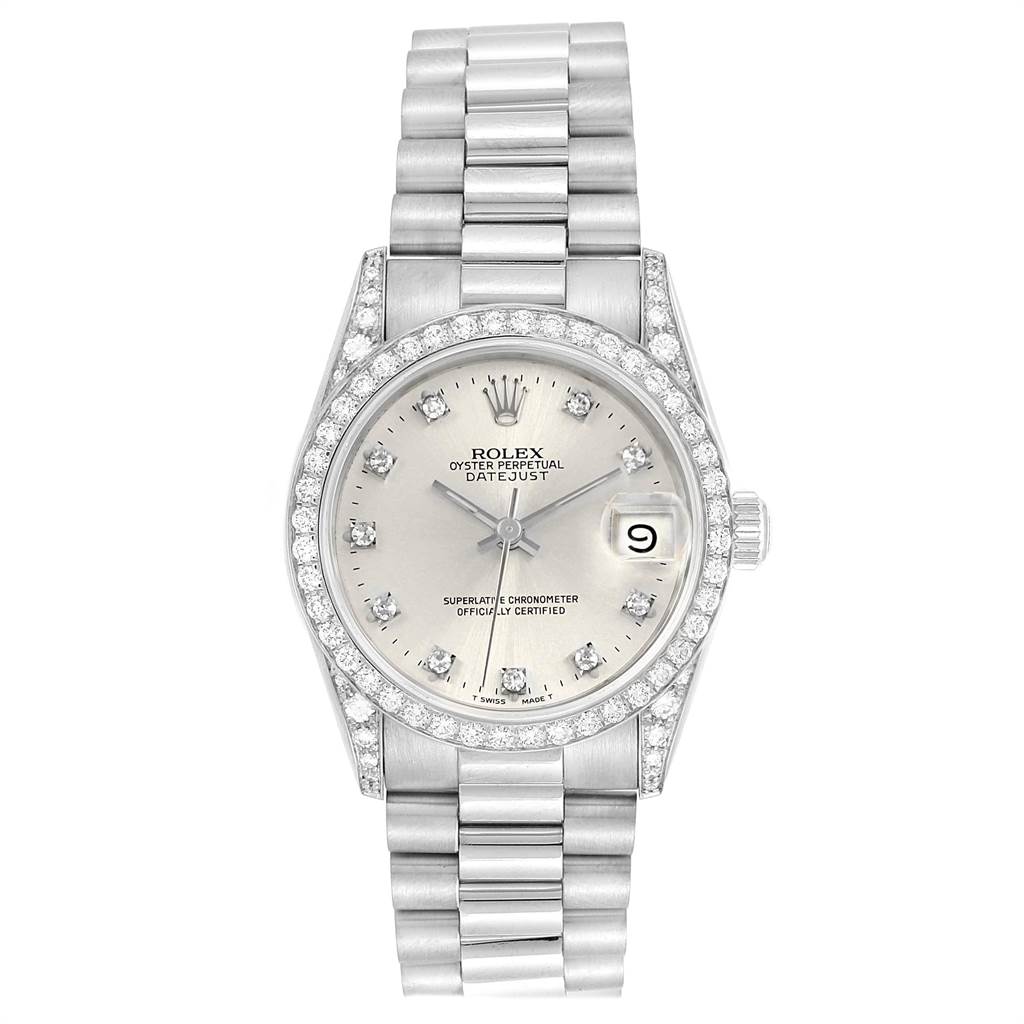 The Rolex President 68159 Women's White Gold Silver Dial 68159 Women's White Gold Silver Dial watch is shown from a top-down angle, displaying its face, band, and bezel.
