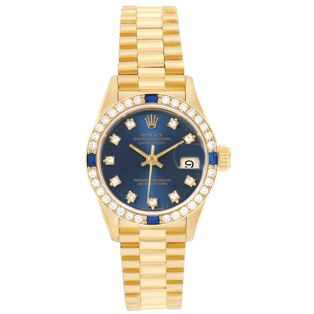The image shows a full frontal view of the Rolex President 69088 Women's Yellow Gold Blue Dial 69088 Women's Yellow Gold Blue Dial model watch, featuring a gold bracelet and a blue dial with diamond hour markers.