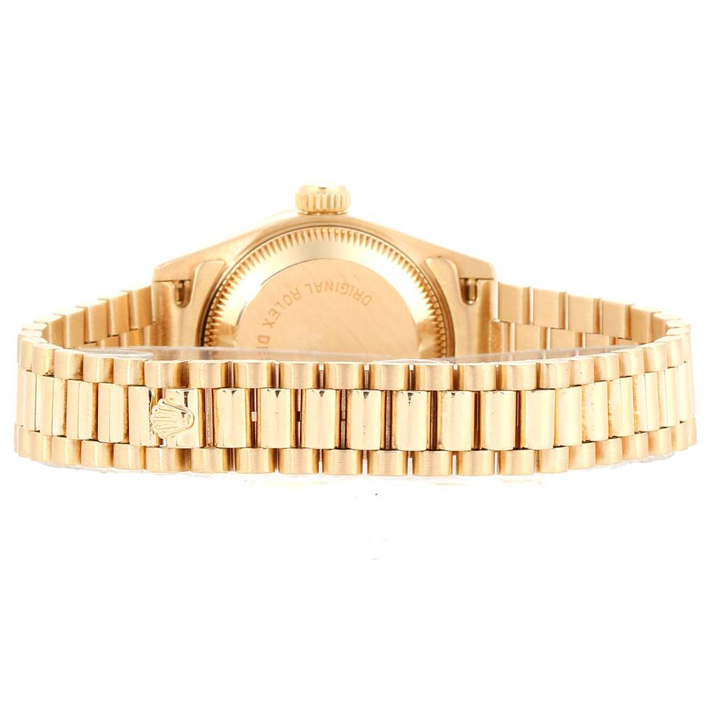 This image shows the back and bracelet of a Rolex President 69088 Women's Yellow Gold Blue Dial 69088 Women's Yellow Gold Blue Dial model watch from a rear angle.
