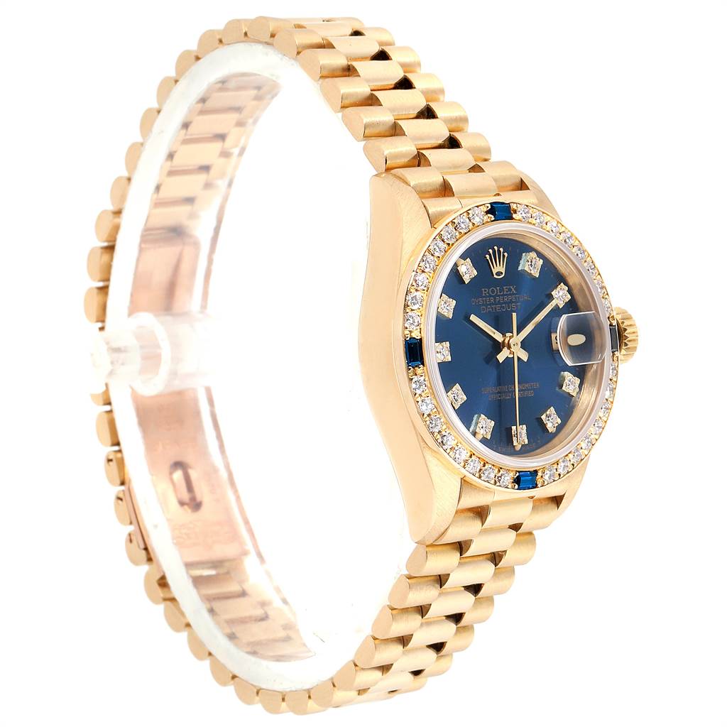 This image shows a Rolex President 69088 Women's Yellow Gold Blue Dial 69088 Women's Yellow Gold Blue Dial model watch at a side angle, highlighting the band, dial, bezel, and crown.