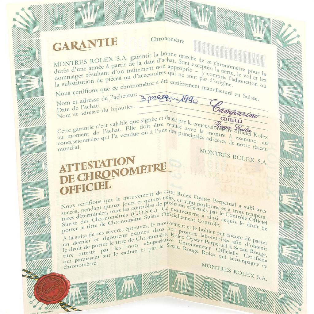 The image shows a warrantee and chronometer certificate for a Rolex President 69088 Women's Yellow Gold Blue Dial 69088 Women's Yellow Gold Blue Dial model.