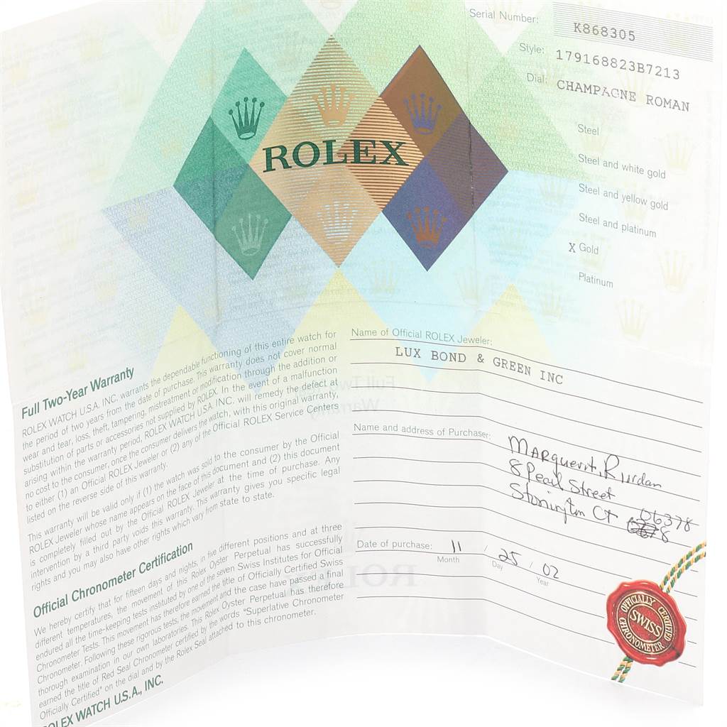 The image shows the warranty certificate and official chronometer certification for a Rolex President 179168 Women
s Yellow Gold Champagne Dial 179168 Women
s Yellow Gold Champagne Dial model watch.
