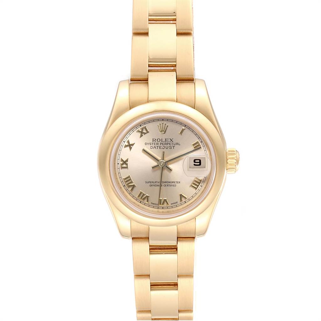 The Rolex President 179168 Women
s Yellow Gold Champagne Dial 179168 Women
s Yellow Gold Champagne Dial model watch is shown from a top-down angle, highlighting its face, bracelet, and crown.