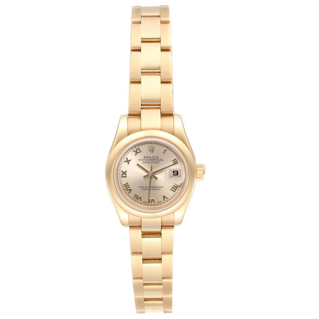 The image shows a frontal view of a Rolex President 179168 Women
s Yellow Gold Champagne Dial 179168 Women
s Yellow Gold Champagne Dial model watch featuring its face and full gold bracelet.