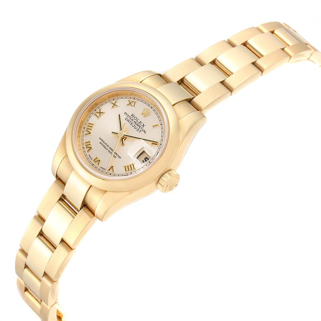 The Rolex President 179168 Women
s Yellow Gold Champagne Dial 179168 Women
s Yellow Gold Champagne Dial model watch is shown at a slight angle displaying its full band, dial, and crown.