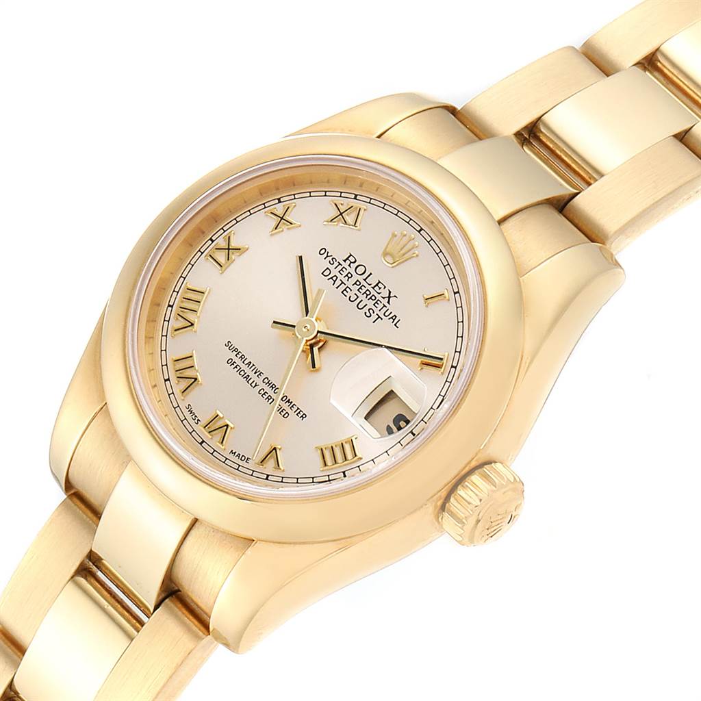 This image shows a close-up angled view of the Rolex President 179168 Women
s Yellow Gold Champagne Dial 179168 Women
s Yellow Gold Champagne Dial watch, displaying its dial, crown, and part of the bracelet.