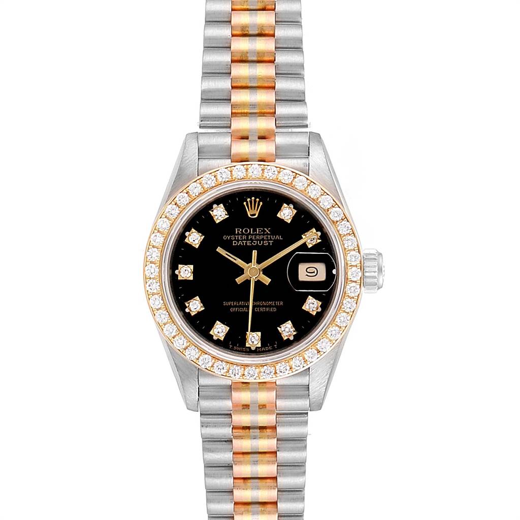 The image shows a Rolex President 69179 Women's White Gold Black Dial 69179 Women's White Gold Black Dial model watch from a top-down angle, highlighting the bezel, dial, bracelet, and date window.