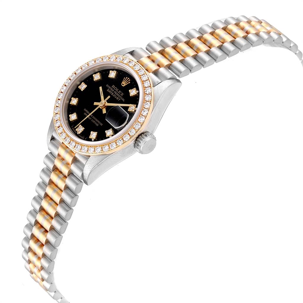 The Rolex President 69179 Women's White Gold Black Dial 69179 Women's White Gold Black Dial model is shown at an angle revealing the face, bezel, crown, and part of the bracelet.