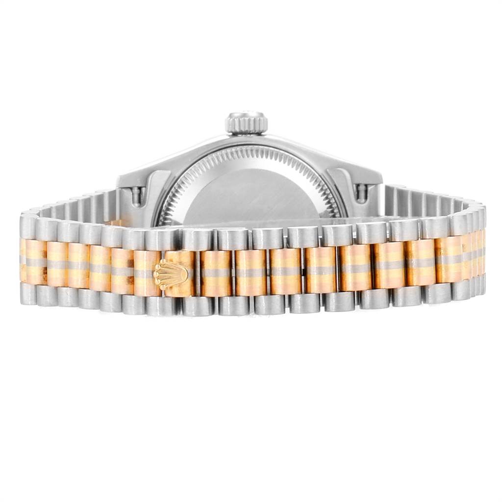 The image shows the back view of a Rolex President 69179 Women's White Gold Black Dial 69179 Women's White Gold Black Dial model watch, highlighting its two-tone bracelet and clasp.