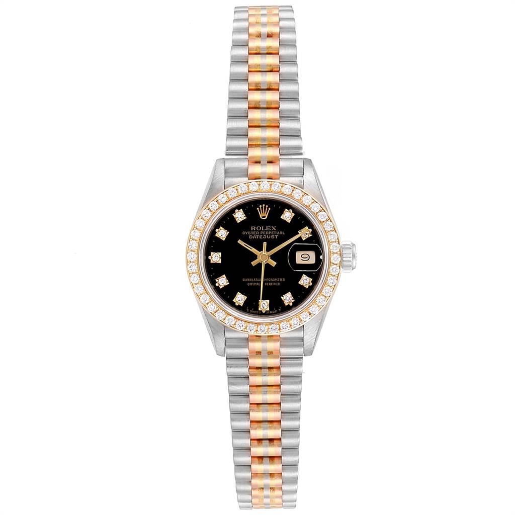 The Rolex President 69179 Women's White Gold Black Dial 69179 Women's White Gold Black Dial model watch is shown from a top-down angle, featuring its face, bezel, and bracelet.